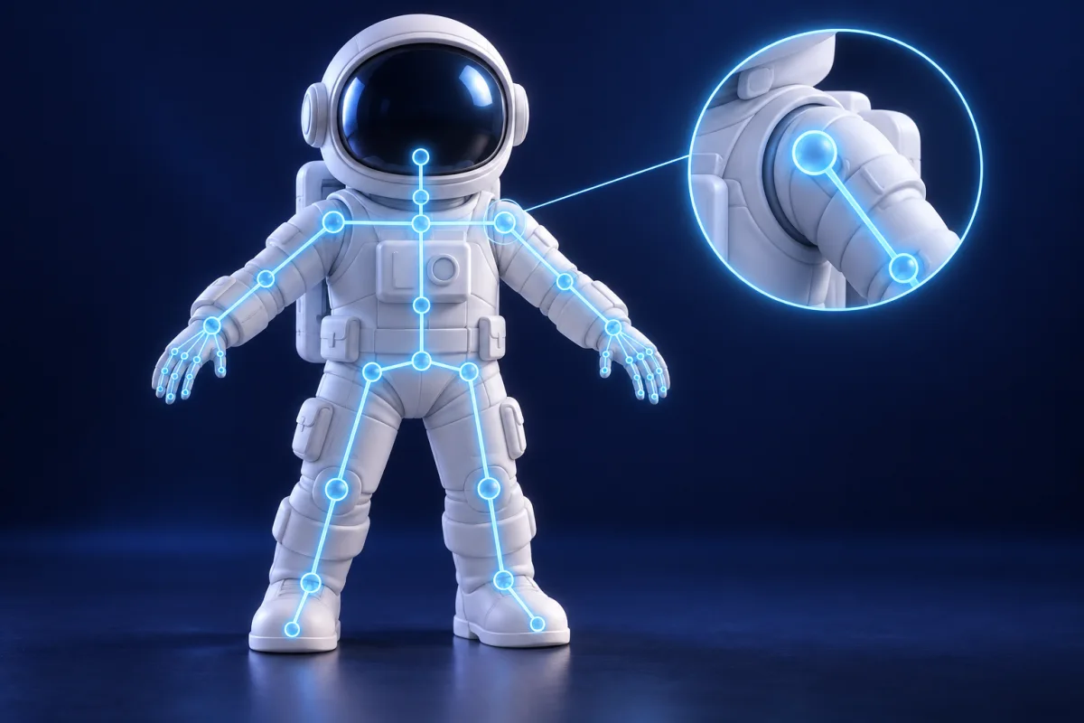 A humanoid rig with an enlarged view of its aligned shoulder joint