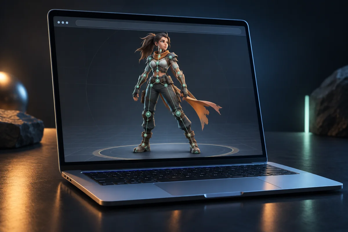 A rigged 3D character displayed in a browser on a laptop
