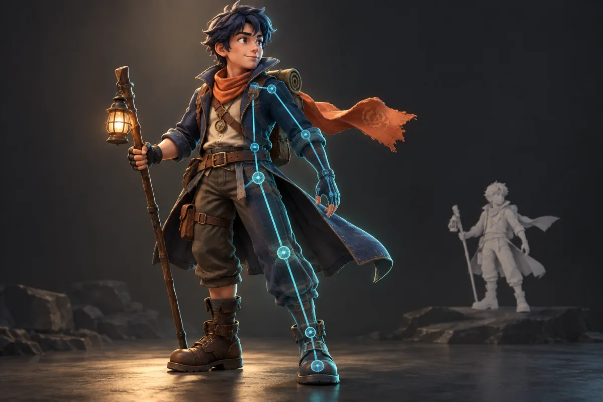 A generated 3D character with a newly bound skeleton on one side