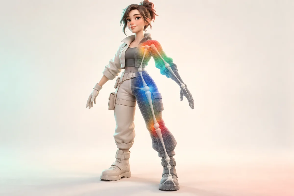 A humanoid mesh showing automatic bones and color-coded skin weights