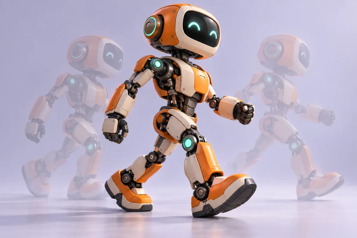 An articulated robot shown at three points of one walking cycle