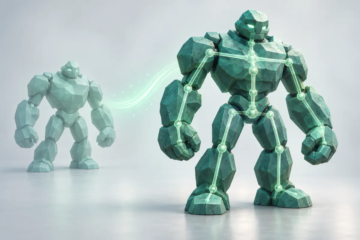 An unrigged stone golem beside the same model with a newly bound skeleton
